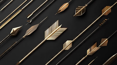 Creative vector illustration of gold geometric arrows on a black canvas, showcasing a modern, luxury design with a technology-driven and futuristic edge. --の素材