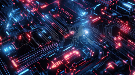 Digital AI design with intricate circuit lines and electric patterns. Suitable for technology graphics, logos, and website backgrounds. Emphasizes a futuristic machine learning aesthetic. -の素材