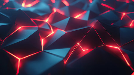 Dark polygonal backdrop illuminated with glowing red light, offering a cutting-edge and futuristic technology aesthetic.の素材