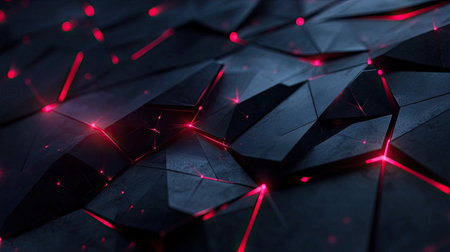 Dark polygonal backdrop illuminated with glowing red light, offering a cutting-edge and futuristic technology aesthetic.の素材