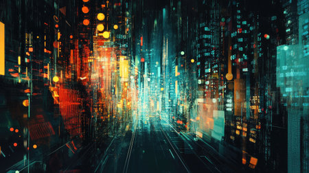 Digital abstract illustration for Big Data featuring futuristic elements and hand-drawn art. Tech background showcasing data mining and management concepts. Ideal for tech content and designs. -の素材