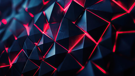 Dark polygonal backdrop illuminated with glowing red light, offering a cutting-edge and futuristic technology aesthetic.の素材