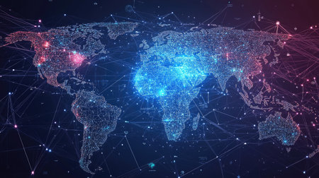 Digital world map with abstract global connections and data networks. Vector illustration of telecommunication links illustrating global business interactions. -の素材