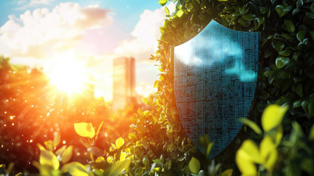 Digital shield representing privacy protection, placed in a 3D garden scene with a sunny sky, emphasizing secure technology.の素材