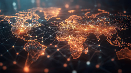 Digital world map with abstract global connections and data networks. Vector illustration of telecommunication links illustrating global business interactions. -の素材