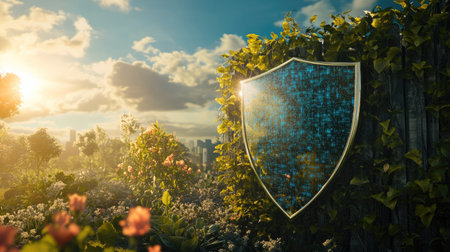 Digital shield representing privacy protection, placed in a 3D garden scene with a sunny sky, emphasizing secure technology.の素材