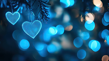 Dreamy neon blue hearts glowing against a blurred bokeh background, forming a banner design with a romantic, ethereal feel and text space.の素材