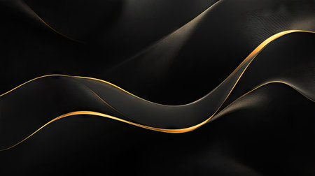 Elegant black background with subtle gold wave lines, ideal for luxury-themed banners and sophisticated design elements.の素材