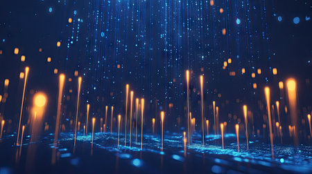 Futuristic 3D candlestick chart with glowing bars on a blue backdrop. Represents market fluctuations and trading concepts. Great for finance and investment graphics. -の素材