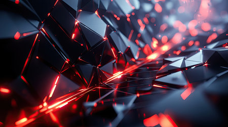 Futuristic black polygon background with dynamic red light accents, creating a high-tech and abstract technology design. -の素材