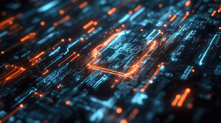 Futuristic AI concept with electric circuit lines forming the AI symbol. Perfect for graphic design, technology logos, website headers, and social media banners. Modern digital machine learning theme.の素材