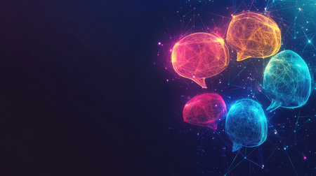 Futuristic communication banner with illuminated speech bubbles and a dark blue polygonal background. Perfect for dialogue and virtual networking with plenty of room for text. -の素材