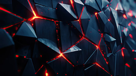 Futuristic black polygonal texture with bold red light features, offering an abstract and innovative technology background. -の素材