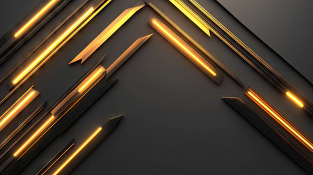 Geometric gold arrows glowing against a grey background, highlighting a futuristic and modern design with plenty of blank space for versatile use.の素材