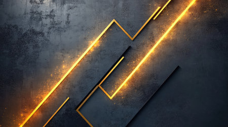 Geometric gold arrows glowing against a grey background, highlighting a futuristic and modern design with plenty of blank space for versatile use.の素材