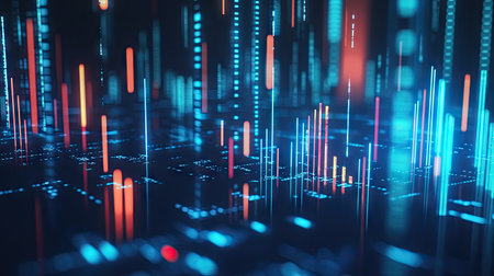Glowing 3D candlestick chart with a blue background. Represents financial data and market analysis with a modern, sleek design. Perfect for business and trading visuals. --の素材