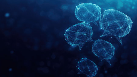 Glowing polygonal speech bubbles on a dark blue background, ideal for showcasing communication and virtual networking themes. Includes ample copy space for text and e-commerce concepts.の素材