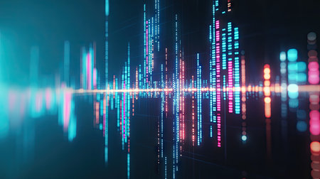 Modern 3D candlestick chart glowing against a blue backdrop. Emphasizes financial markets and trading analysis. Ideal for tech and finance-themed visuals.の素材