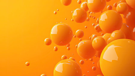 Orange background featuring 3D spheres with bubble or letter textures. Perfect for engaging banner design and creative abstract vector templates.の素材