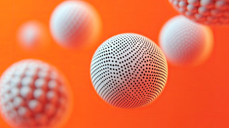 Realistic 3D spheres with intricate dot or letter textures against an orange backdrop. Ideal for creating striking banners and modern abstract vector illustrations. -の素材