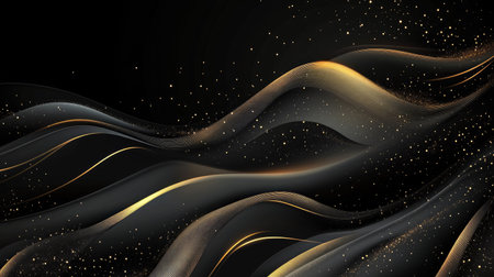 Sophisticated abstract design with a dark black background highlighted by golden accents. The vector illustration captures a modern, luxurious feel suitable for high-end projects.の素材
