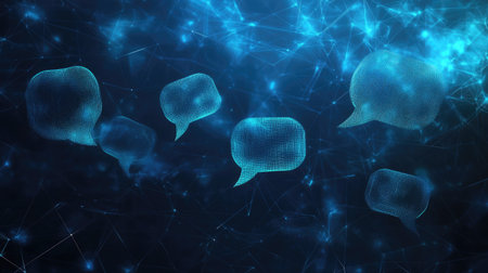 Virtual networking and e-commerce theme with illuminated speech bubbles on a dark blue polygonal background. Modern design with ample copy space for your message.の素材