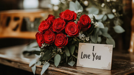 A bouquet of red roses with delicate greenery, arranged on a rustic table with a romantic I Love You card nearby.の素材
