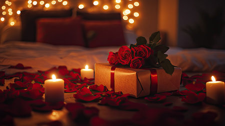 A beautifully wrapped rose bouquet gift placed on a bed, surrounded by soft petals and glowing candles for a romantic surprise.の素材