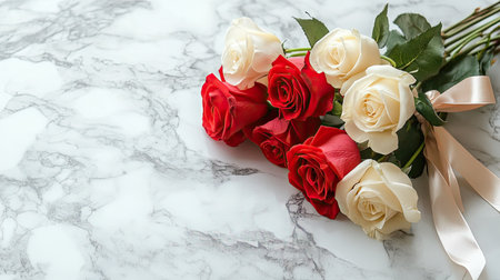 A beautiful arrangement of red and cream-colored roses tied with a delicate ribbon, placed on a marble surface with soft natural lighting.の素材