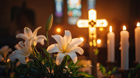 A close-up of Easter lilies and a cross on the altar, surrounded by candles and soft church lighting, setting the tone for a reverent Sunday service.の素材