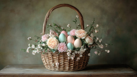 A beautifully designed Easter basket with vintage-style floral decorations, filled with pastel eggs, sitting on a wooden surface with soft lighting.の素材