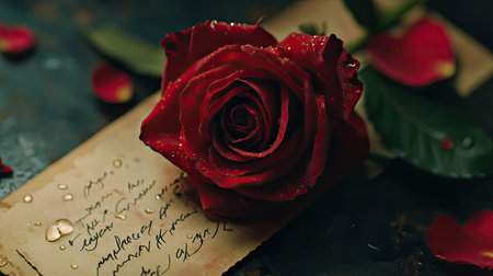 A beautiful red rose with delicate droplets of water, resting on a Valentine's Day card with a love message.の素材