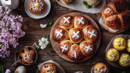 A close-up of Easter brunch pastries like hot cross buns, muffins, and cinnamon rolls arranged on a wooden table with decorative spring elements.の素材