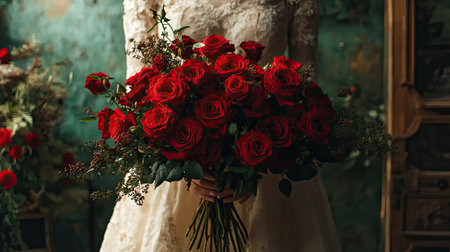 A beautiful red rose bouquet held by a woman in a romantic setting, with soft lighting highlighting the deep red petals.の素材