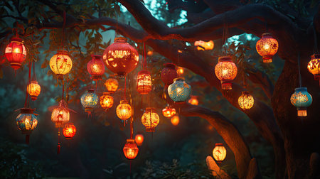 A collection of artisanal lanterns hanging from tree branches, creating a whimsical and festive atmosphere for Chinese New Year.の素材