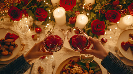 A couple clinking glasses of red wine at a beautifully decorated Valentine's Day dinner table.の素材