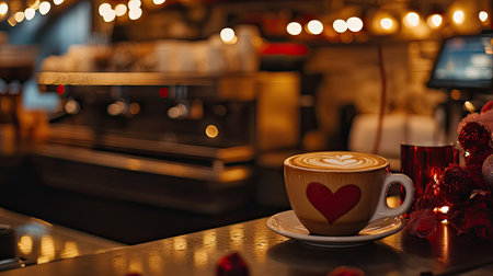 A coffee shop setting with latte art in the shape of a heart, surrounded by Valentine's Day-themed decorations.の素材