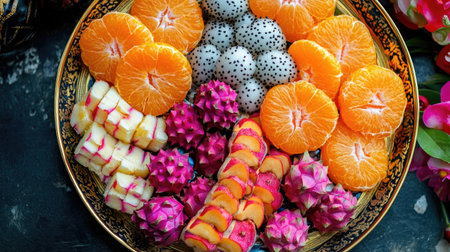 A colorful fruit platter featuring mandarin oranges, dragon fruit, and lychees, symbolizing abundance for Chinese New Year.の素材