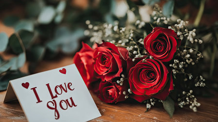 A bouquet of red roses with delicate greenery, arranged on a rustic table with a romantic I Love You card nearby.の素材