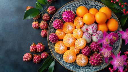 A colorful fruit platter featuring mandarin oranges, dragon fruit, and lychees, symbolizing abundance for Chinese New Year.の素材