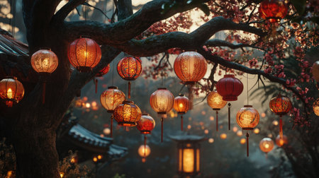 A collection of artisanal lanterns hanging from tree branches, creating a whimsical and festive atmosphere for Chinese New Year.の素材