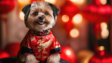 A dog in a traditional Chinese New Year outfit with a phoenix design, sitting on a cushion with a festive backdrop of red lanterns.の素材