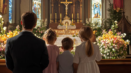 A family with young children, dressed in their Sunday best, attending an Easter service in a church with a beautifully decorated altar.の素材
