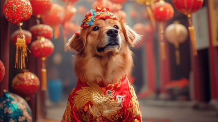 A dog in a traditional Chinese New Year costume of a golden phoenix, surrounded by vibrant decorations and hanging ornaments.の素材