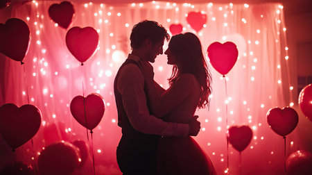 A couple dancing at a Valentine's Day party, surrounded by pink and red decorations, heart-shaped balloons, and soft lighting.の素材