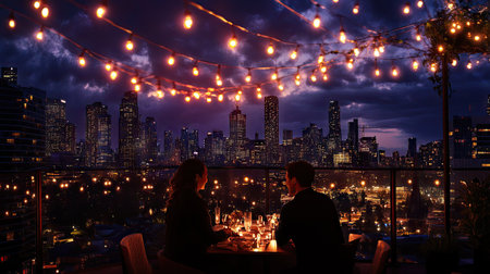 A couple enjoying a romantic dinner on a rooftop, with fairy lights and a stunning city skyline in the background.の素材