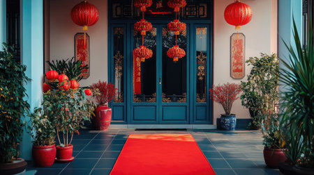 A feng shui-inspired Chinese New Year home entrance with symmetrical decorations, a red carpet, and a potted plant, creating harmony and positive energy.の素材