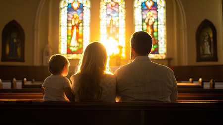 A family attending Easter Sunday service in church, with soft sunlight streaming through the stained glass windows, creating a serene atmosphere.の素材