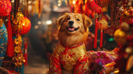 A dog in a traditional Chinese New Year costume of a golden phoenix, surrounded by vibrant decorations and hanging ornaments.の素材