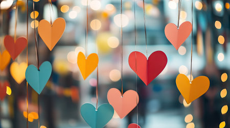 A festive display of heart-shaped decorations, including paper cutouts, balloons, and garlands, hanging in a party setting.の素材